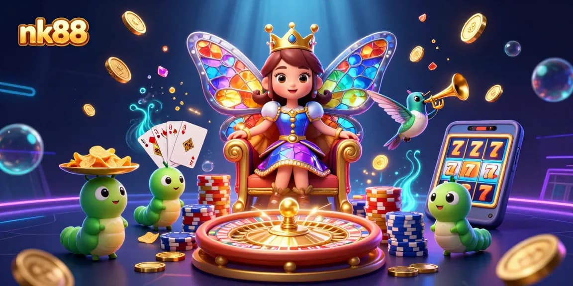 Experience thrilling gaming with nk88's vibrant 3D illustration showcasing casino excitement.