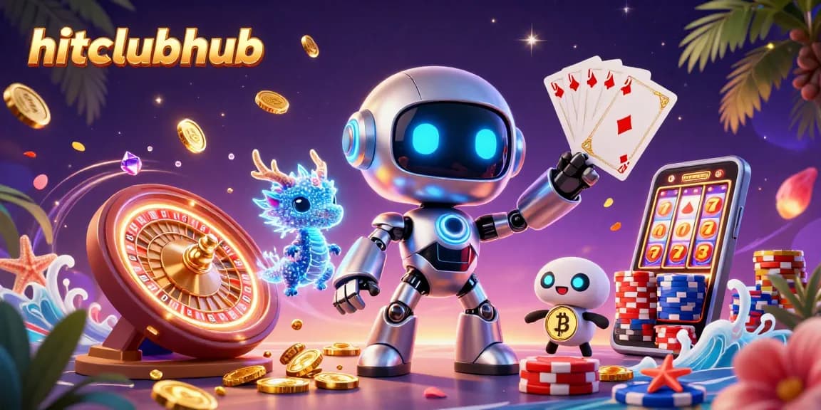 A mesmerizing scene showcasing hitclubhub's exciting gaming elements with a futuristic robot, AI dragon, and bitcoin drone, amidst dynamic casino visuals.