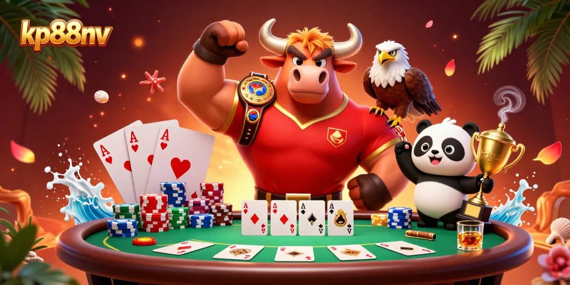 Play thrilling games at kp88nv casino with a festive 3D illustration showcasing champions and poker elements.