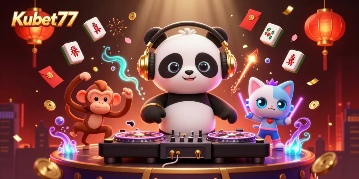 Experience the excitement with Kubet77 as a DJ panda spins while a glowing kitten and dancing monkey join the casino party.