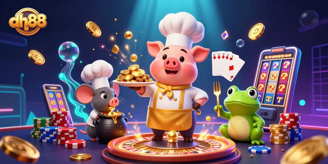 Win big at dh88 with an exciting casino scene featuring a chef, sous-chef, and critic surrounded by gold!