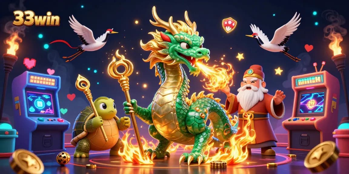 Engage with the vibrant fun of 33win as a majestic dragon and lucky cranes illuminate the casino landscape.