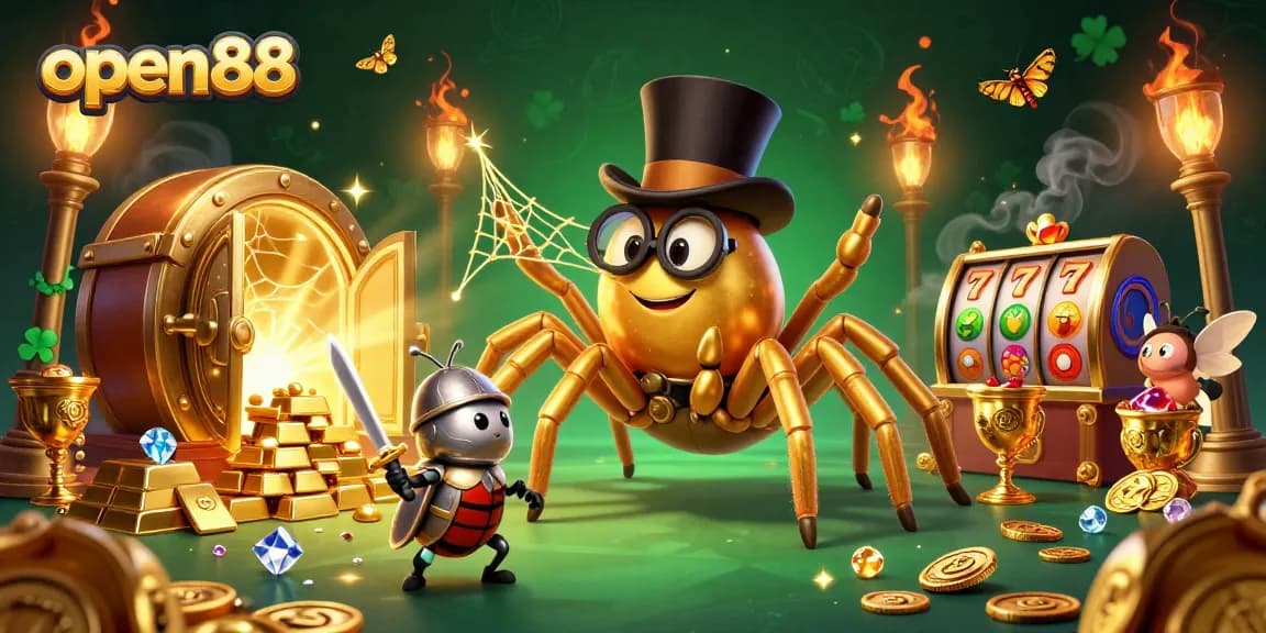 Engage with open88's exciting online casino, featuring vibrant 3D characters in a golden game environment.
