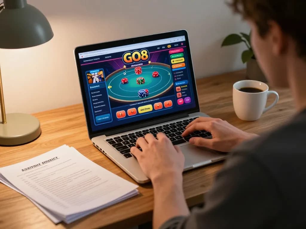 Person strategizing on GO8 online casino while engaged in live poker game at home.