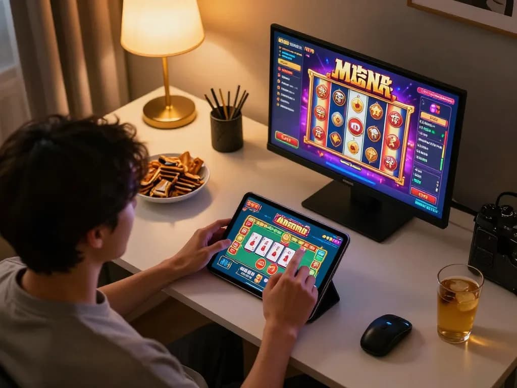 Manga Casino Spielszene mit einem Spieler, der ein Tablet an einem Schreibtisch im Homeoffice benutzt und lebendige Spiele in einer gemütlichen Atmosphäre präsentiert.