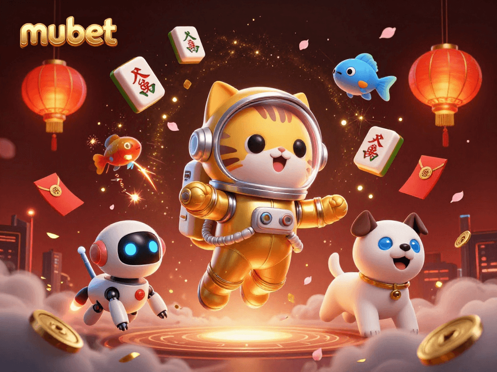 Experience exciting games at mubet with an astronaut cat and whimsical elements in a stunning 3D illustration.