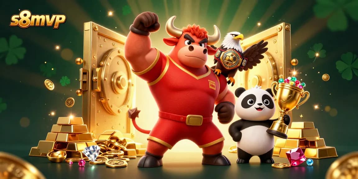 Experience exciting winnings at s8mvp with a vibrant casino scene featuring colorful characters and gold treasures.