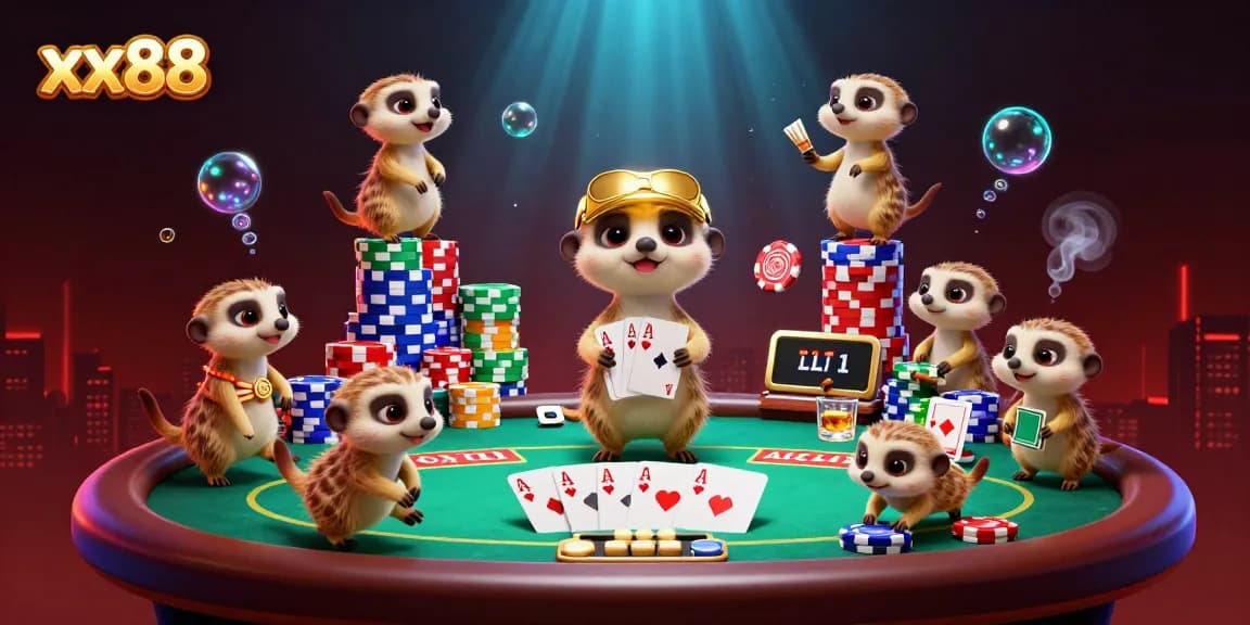 Experience thrilling gameplay at xx88 with meerkats overseeing an exciting casino action scene.