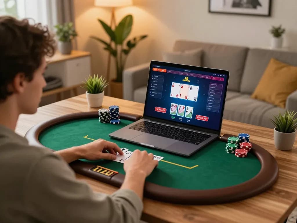 Player engaged in intense online poker at home on QQ88, showcasing strategic gameplay and cozy atmosphere.