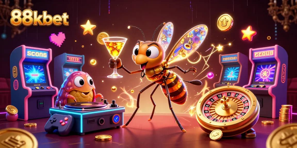 Experience thrilling gaming action at 88kbet with a lively casino scene featuring unique characters and vibrant elements.