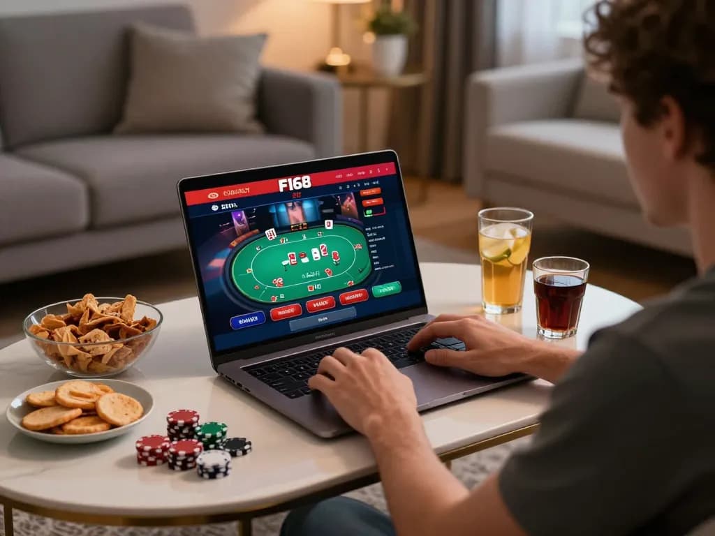 Player using F168 platform on laptop for online gambling with snacks and drinks nearby.
