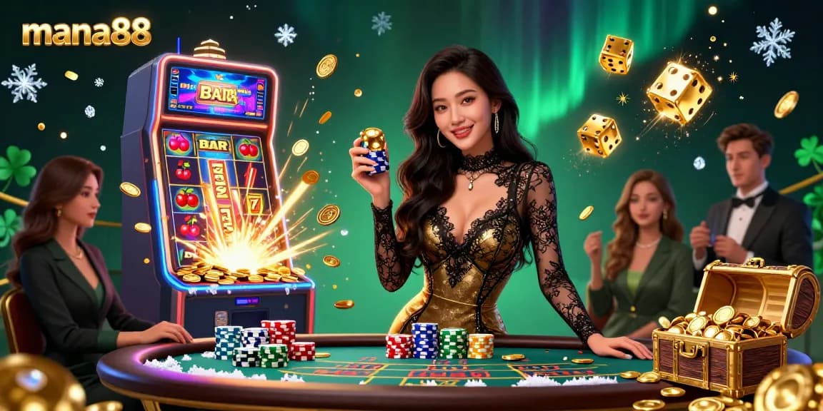 Engage in thrilling action at mana88, featuring a stunning Asian woman with high-value chips amidst vibrant casino elements.