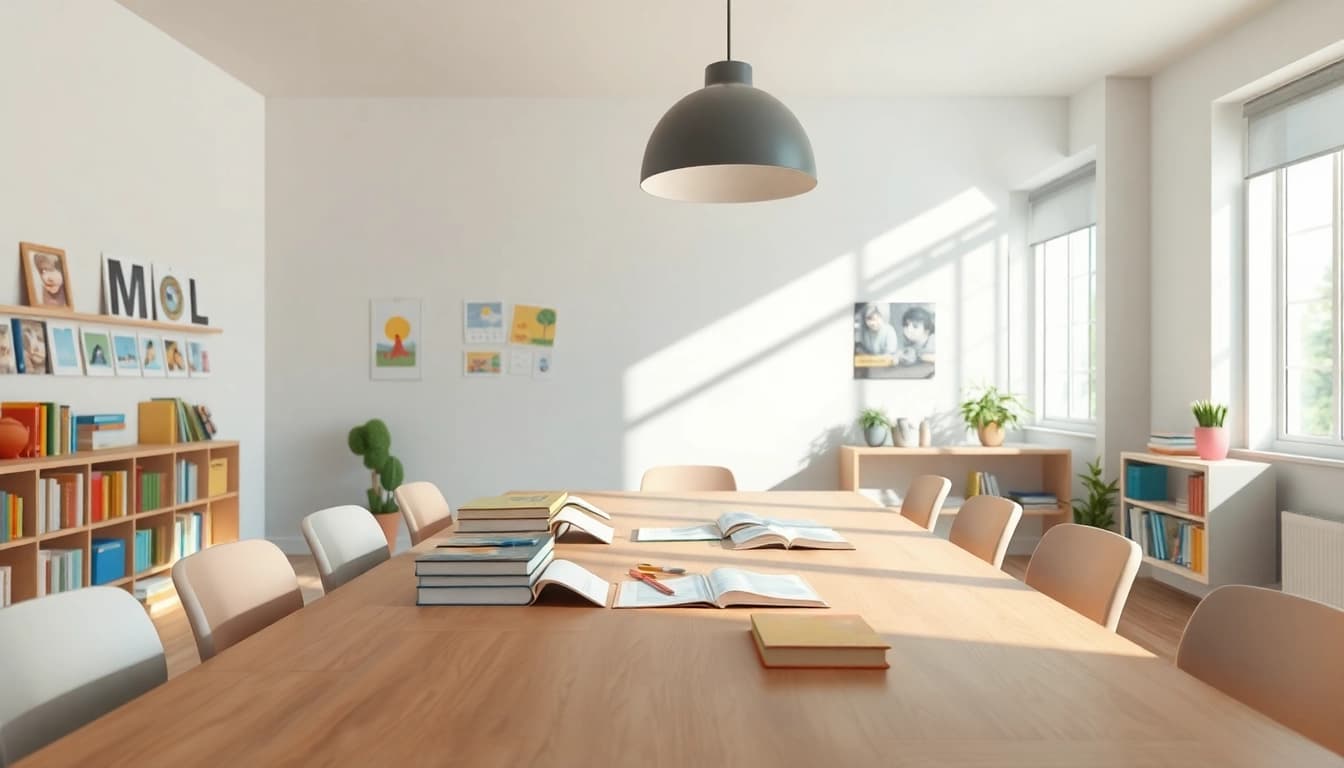 Schaffen Sie eine inspirierende Lernumgebung für Heimunterricht mit freundlichem Licht und bunten Materialien.