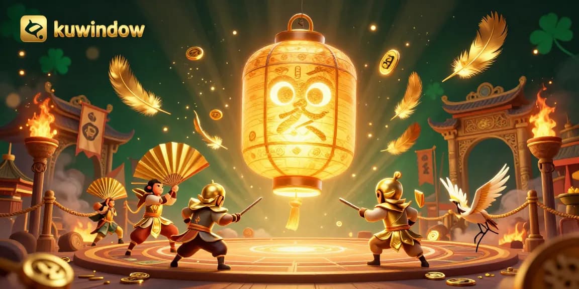 Experience the captivating excitement at kuwindow casino filled with golden lanterns and dynamic gambling elements.