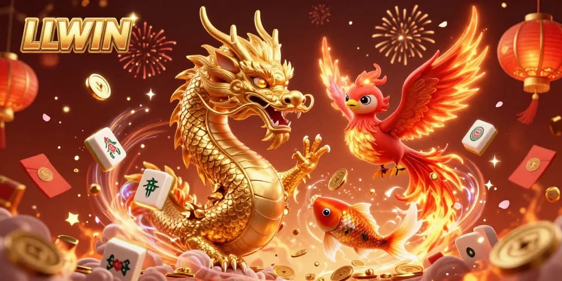 Experience vibrant winning thrills at LLWIN with a golden dragon, 3D phoenix, and koi fish in a casino scene.