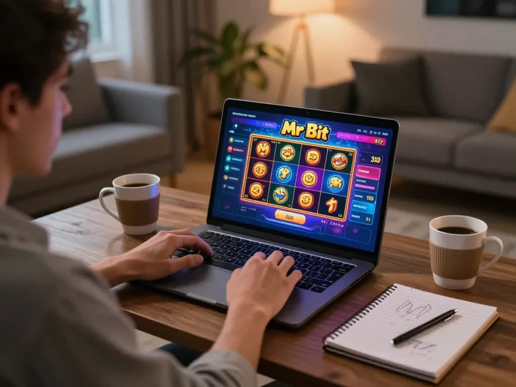 Fesselnde Spielsitzung auf der Mr Bit Casino-App auf einem Laptop, die lebendige Slots präsentiert.