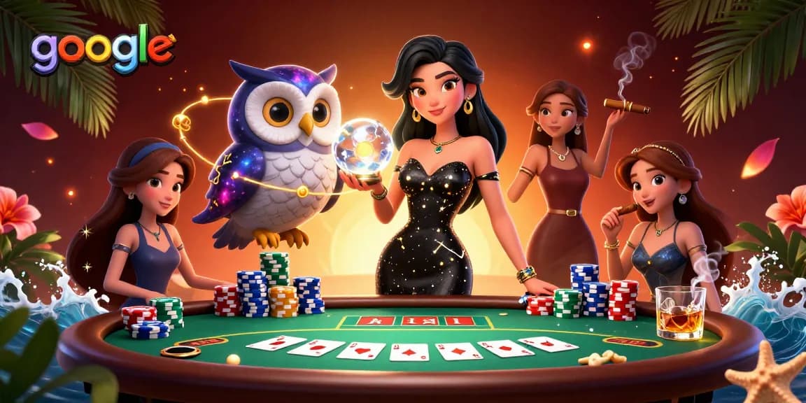 Interagieren Sie mit Google an einem Online-Poker-Tisch in dieser lebhaften 3D-Casino-Szene mit bezaubernden Charakteren.