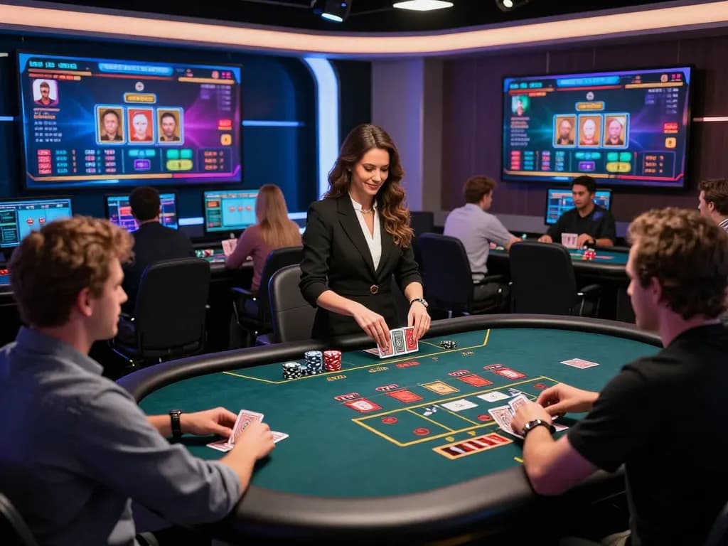 Players engaging in live casino gameplay at dh88, featuring a dealer handling cards in a vibrant online setting.