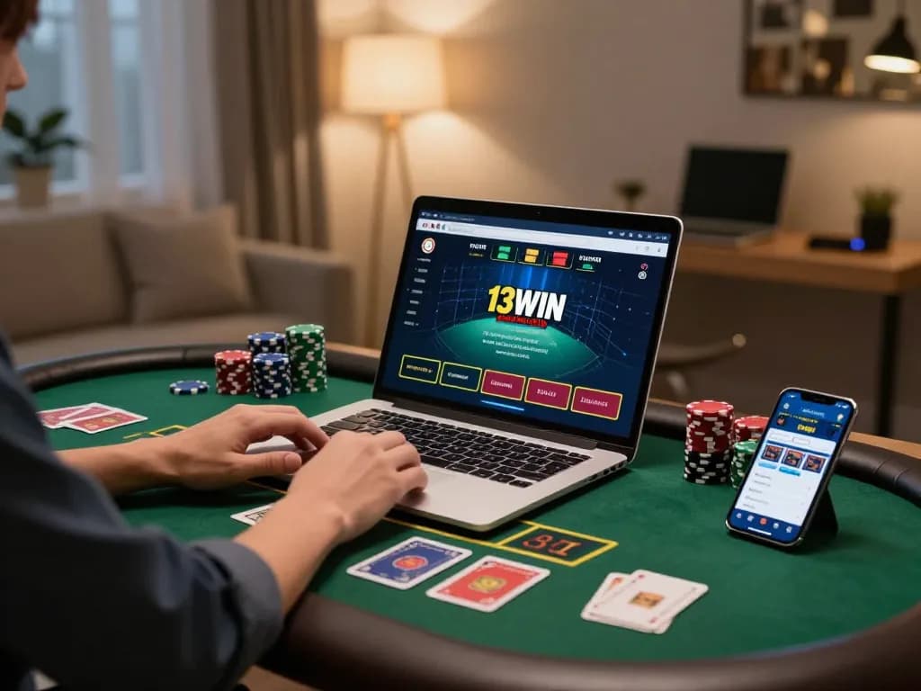 Engaged user playing on the 13WIN online casino app in a stylish home gaming setup.