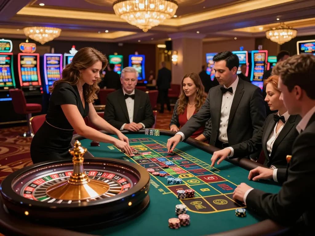 Players enjoying a thrilling roulette game at fly88 com, with a dealer spinning the wheel amid vibrant casino lights.