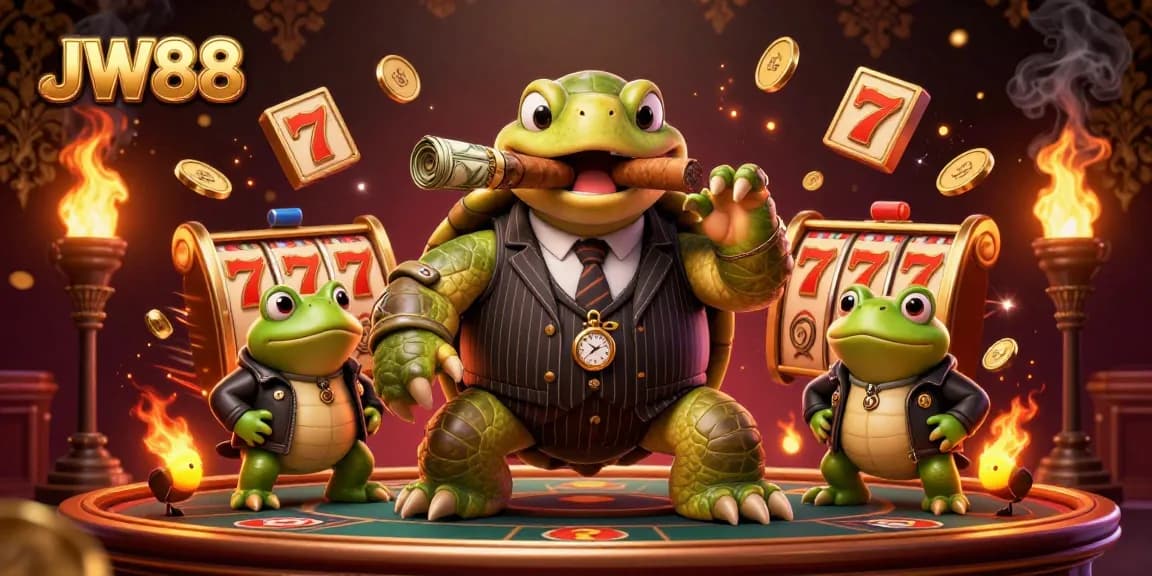 Engage with JW88's dynamic illustration featuring a snapping turtle and bullfrogs in an exciting online gambling scene.
