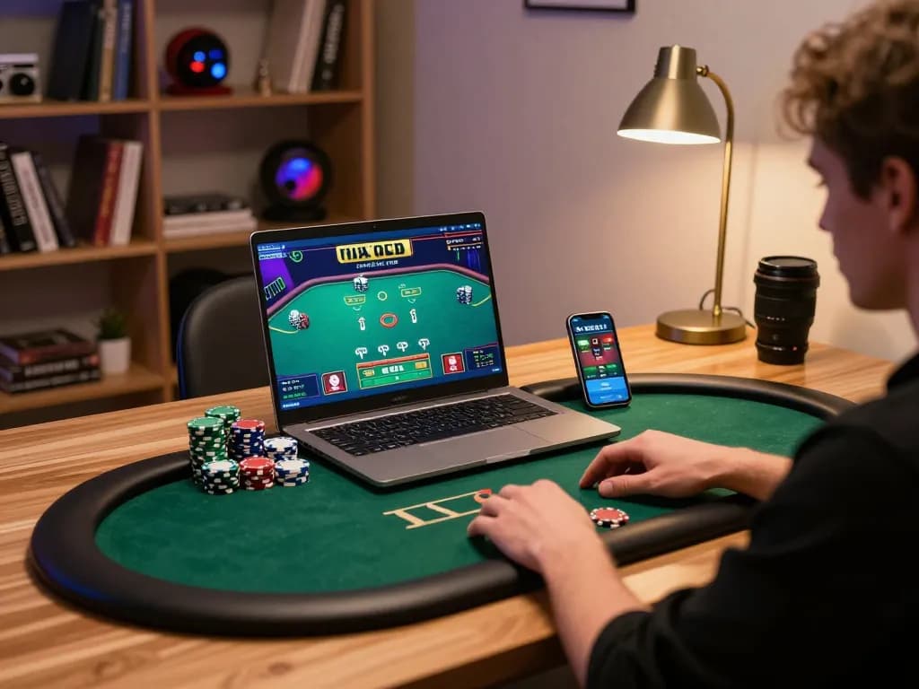 Player strategizing on 678vip poker game with vibrant setup, showcasing excitement and engagement in online gambling
