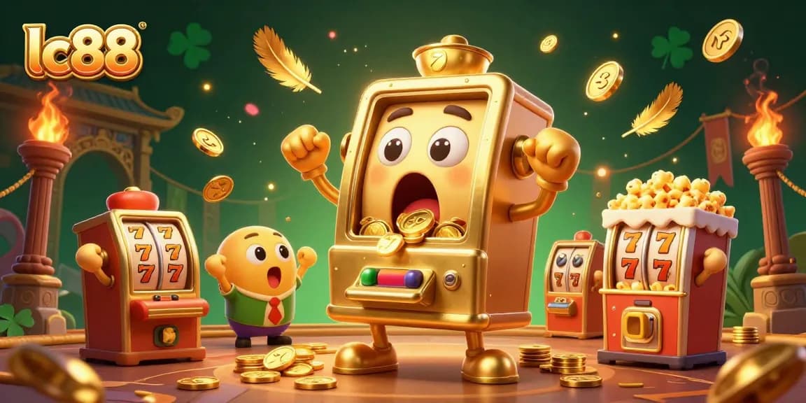 lc88 slot machine hits jackpot, surrounded by cheering baby machines and golden popcorn, vibrant casino scene