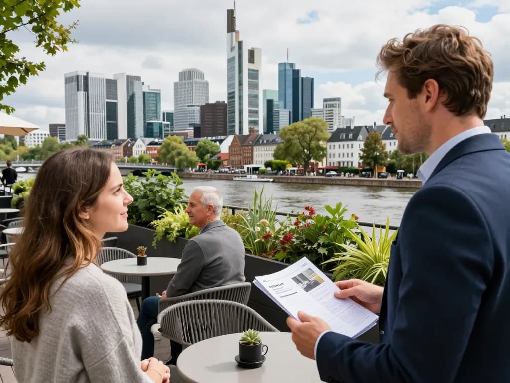 Immobilienmakler Frankfurt Sachsenhausen zeigt ein Penthouse potenziellen Käufern in einem lebhaften Viertel.