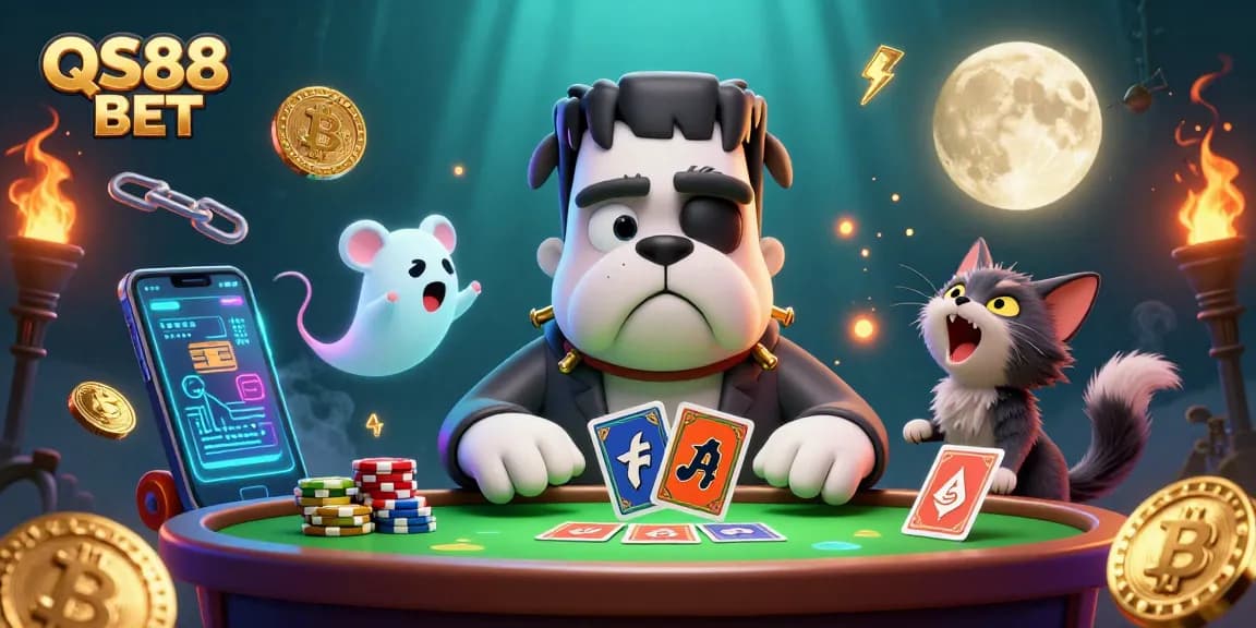 Engage with QS88 BET at a vibrant 3D cartoon casino scene featuring a Frankenstein bulldog dealer, crypto elements, and dynamic energy.