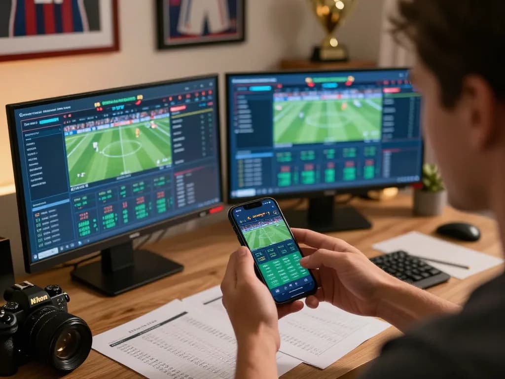Engaging in live sports betting on Go88 app in a cozy home office setting.