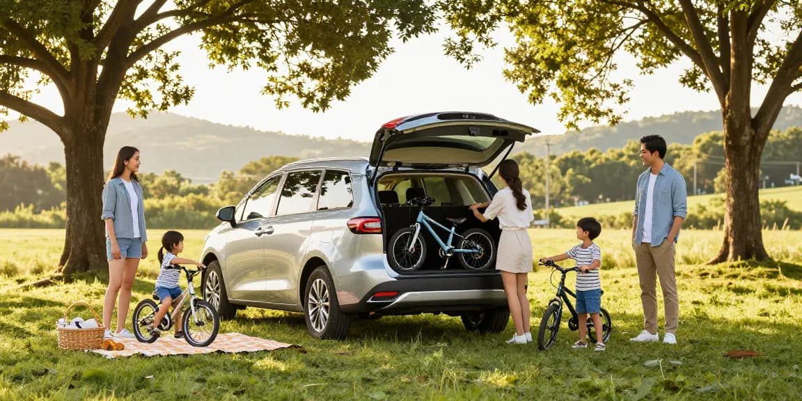 Der Toyota Verso Familienwagen, geparkt in einer malerischen Landschaft während eines Familientags, mit Kindern, die Fahrräder ausladen und die Vielseitigkeit und Abenteuerlust hervorheben.