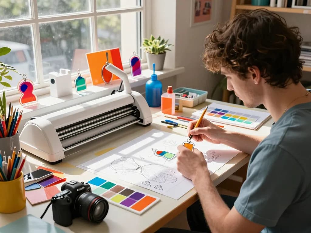 Custom acrylic keychains being designed in a bright studio, illustrating how to acryl schlüsselanhänger selbst gestalten for unique creations.