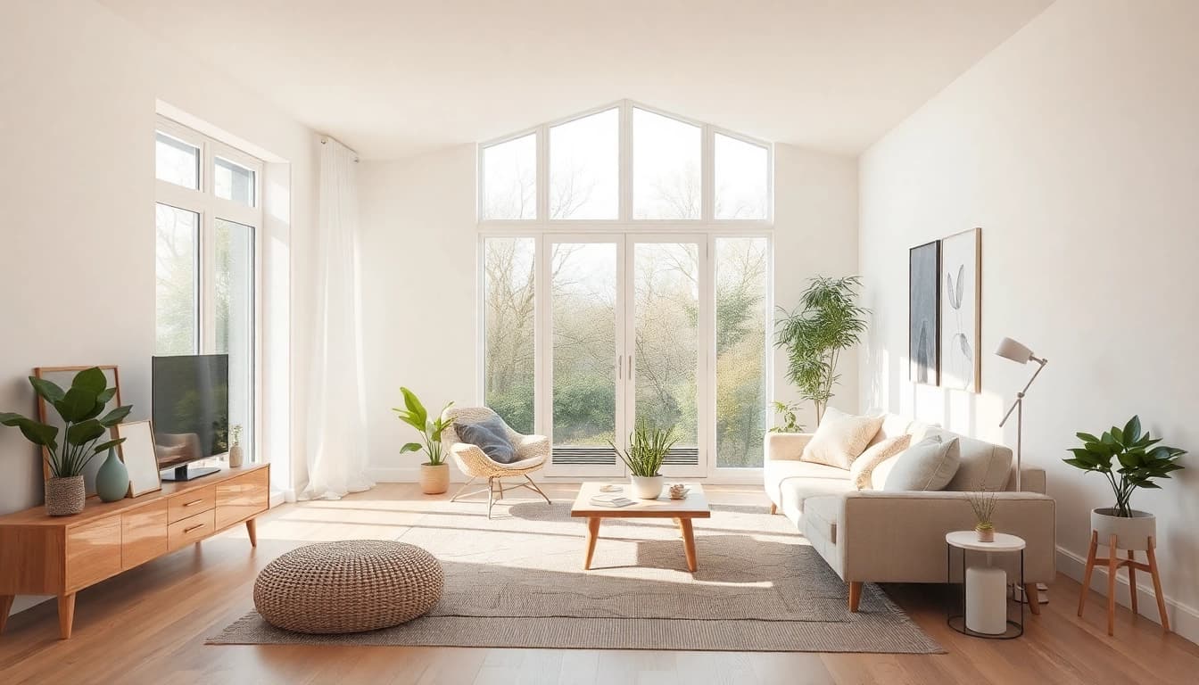 Raumgestaltung eines modernen, einladenden Wohnraums mit viel Licht und Pflanzen.