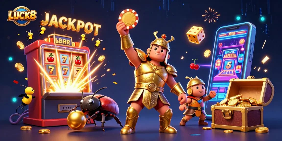 Engage with LUCK8's vibrant jackpot scene featuring a victorious hercules beetle amid a treasure-filled casino.