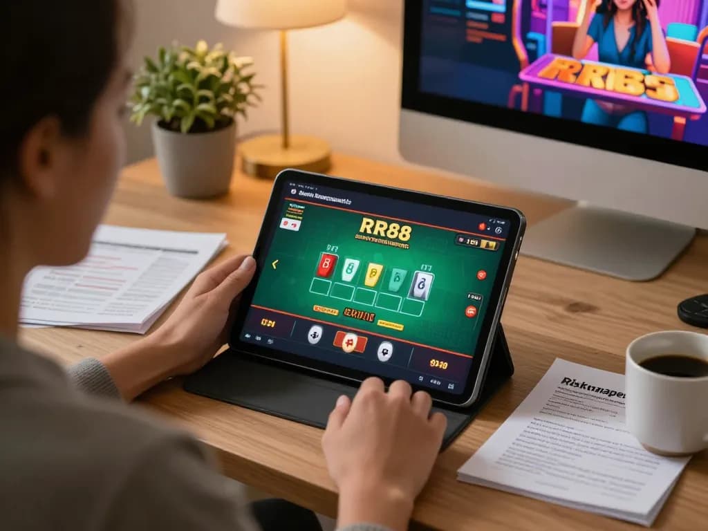 RR88 player engaged in online blackjack game at home, highlighting strategic gameplay and relaxed atmosphere
