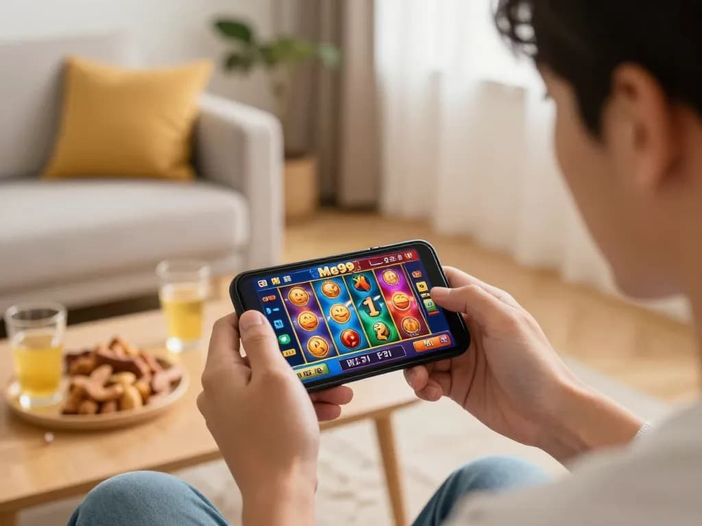 Enjoying mobile gaming at home with Me99 casino app on smartphone, colorful slots displayed.