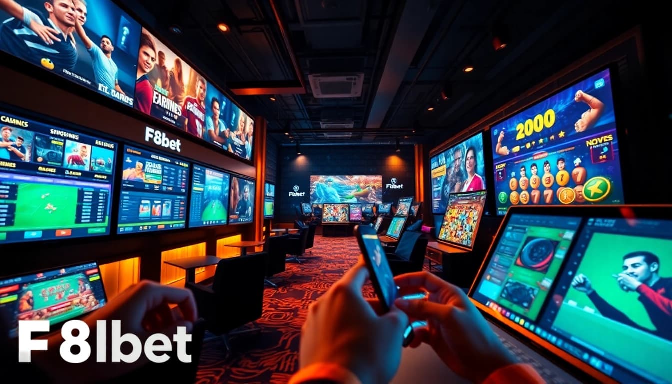 Dynamic online betting experience at F8bet with engaging digital displays and gaming devices.