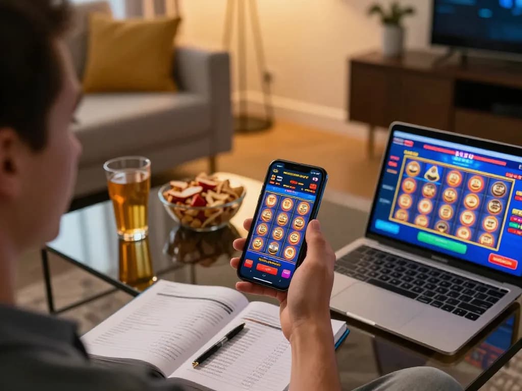 Engaging in mobile slot gameplay with 79kingt1 app in a cozy living room setting
