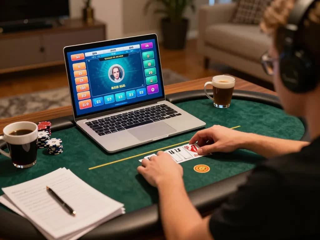 Engaging online poker gameplay on 33winn, showcasing strategic bets and cozy home setup.
