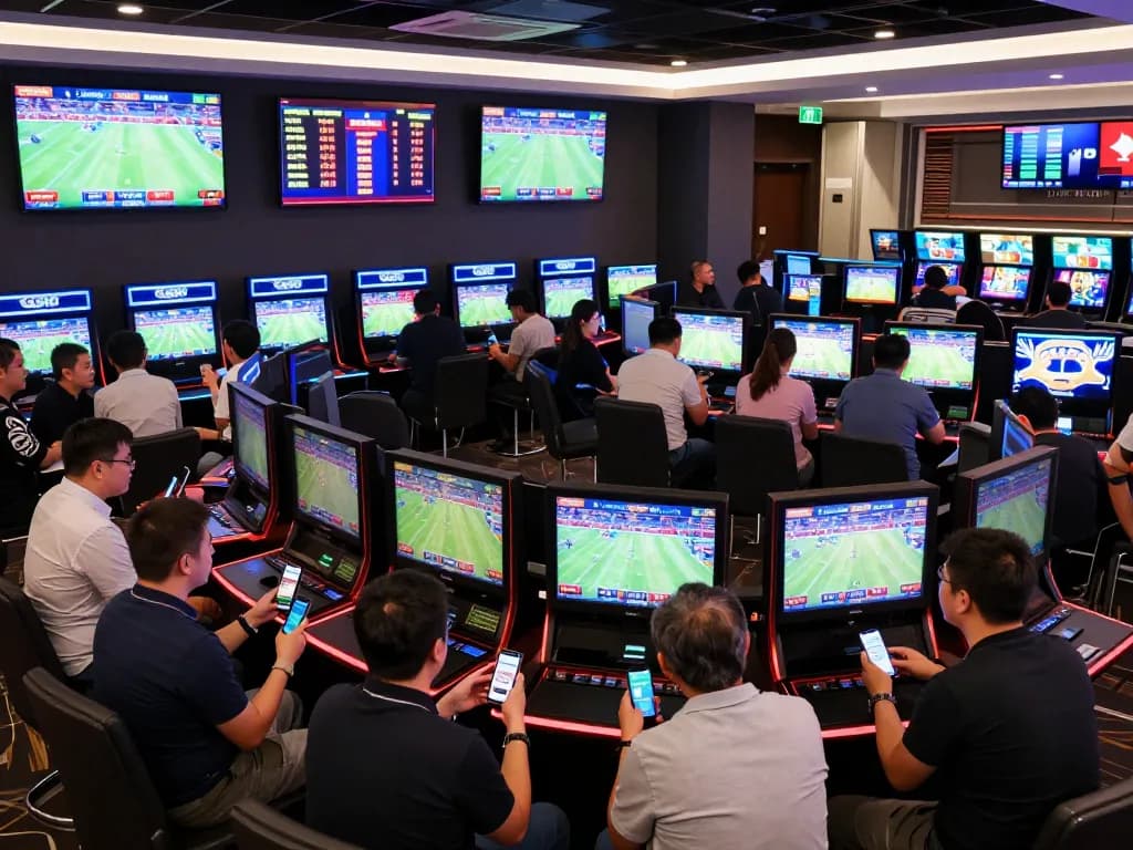 gg88 bettors analyzing live sports updates on screens while placing wagers on their smartphones