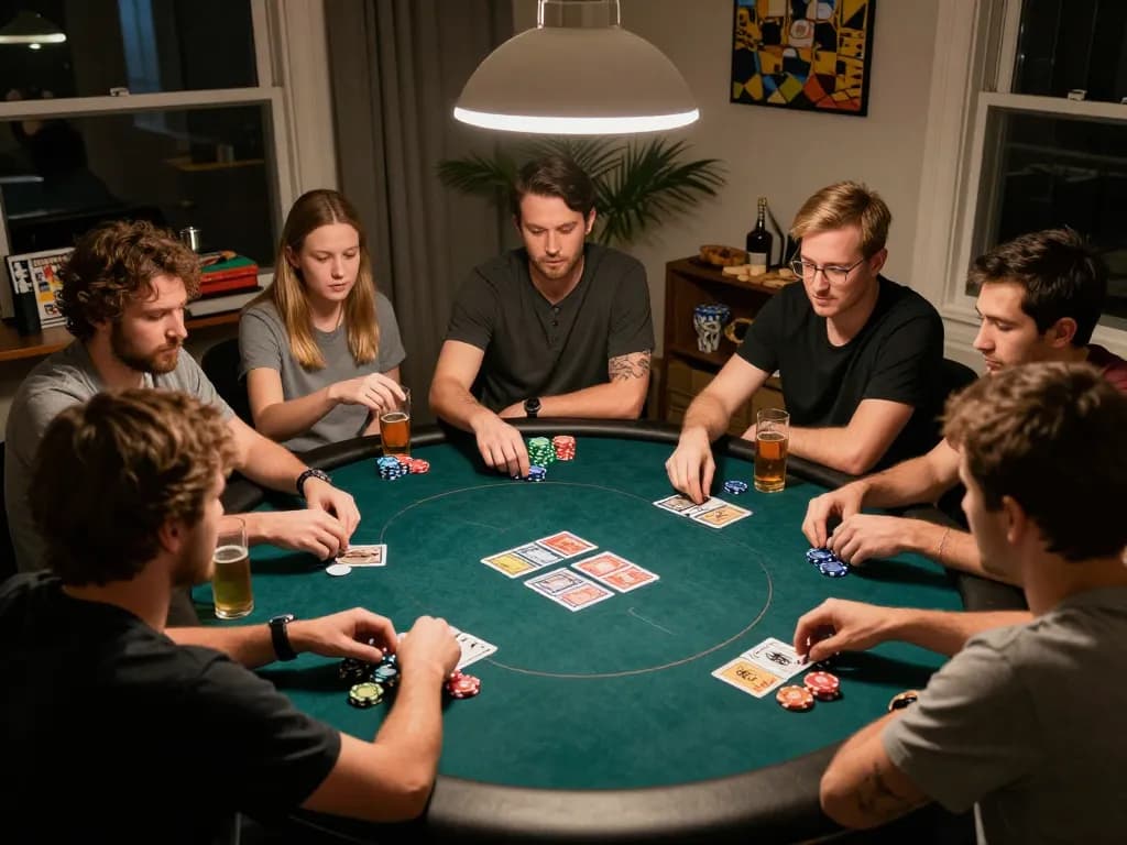 Players enjoy a home poker game, focusing on strategy and fun at U888's gaming experience