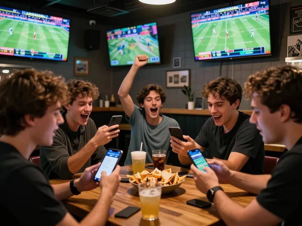 MISO88 app users engage in exciting sports betting at a vibrant sports bar.