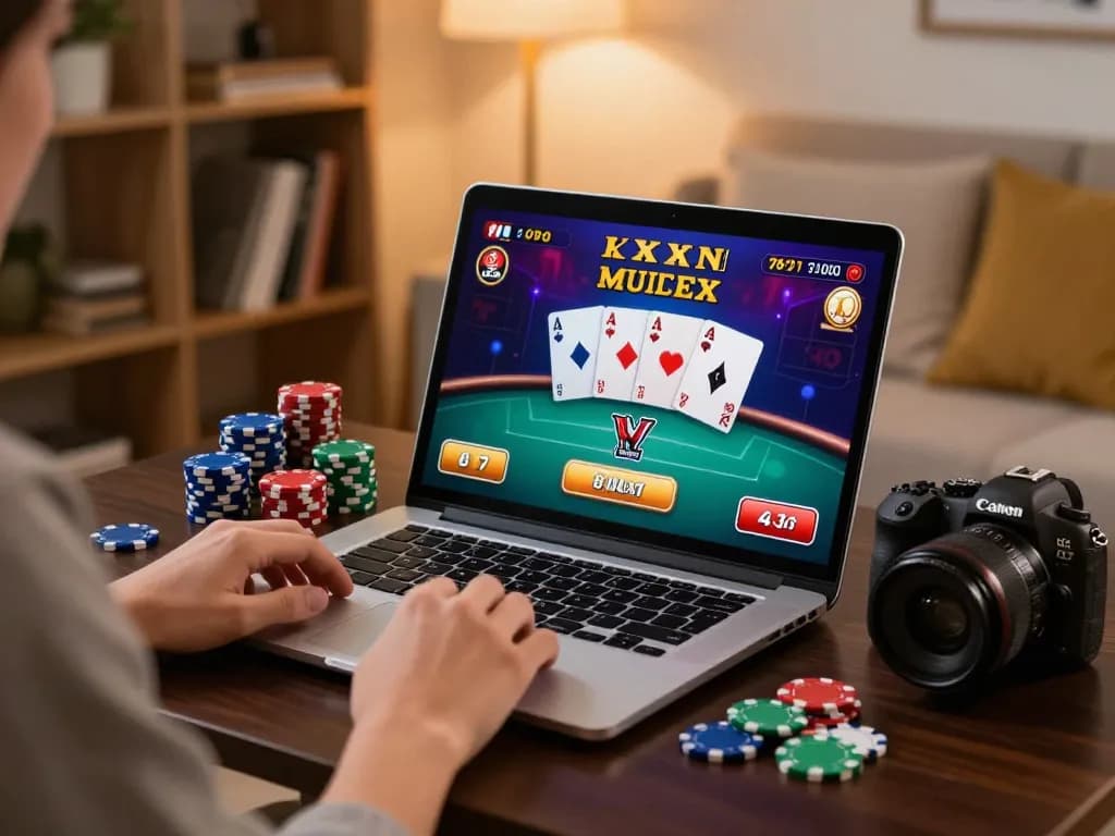 Cảnh chơi game trực tuyến LUCK8 với người chơi tham gia vào chiến lược poker tại nhà, các chip màu sắc và giao diện máy tính xách tay rõ ràng.