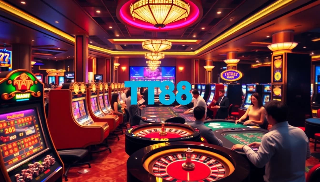 Experience the thrill of gambling with TT88 at a vibrant casino scene showcasing roulette, cards, and excitement.