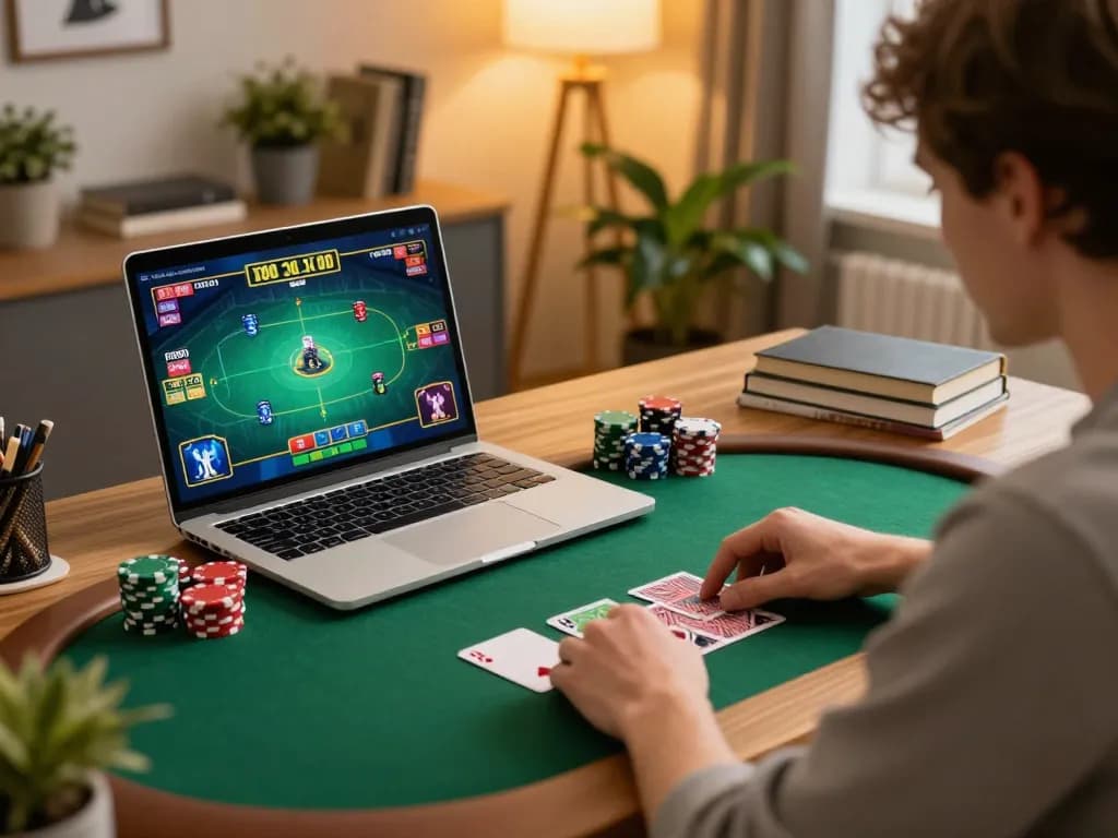 Spieler genießt fesselndes Poker-Gameplay auf f1casino-eu mit stylischem Home-Office-Setup