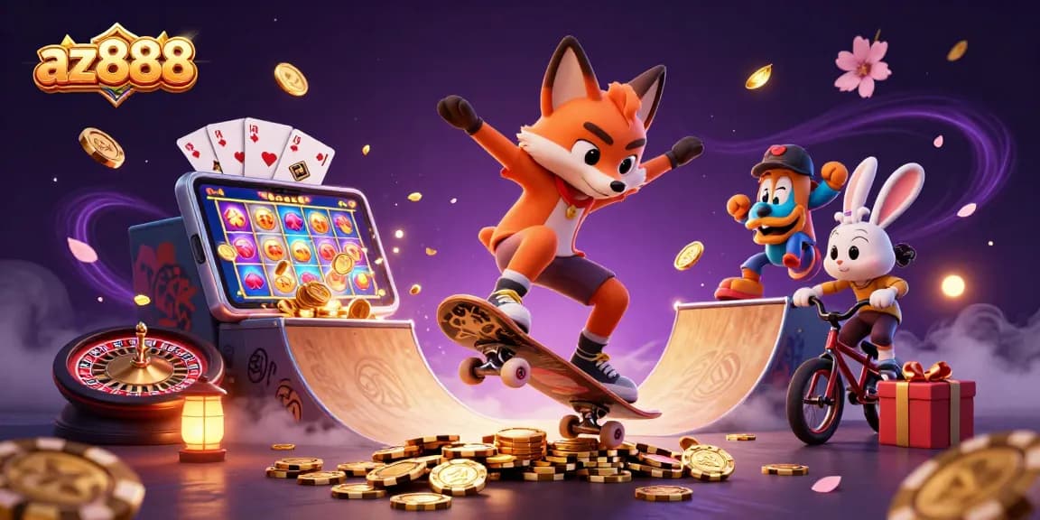 Engage with az888's vibrant casino gaming scene featuring a skateboarder fox and BMX rabbit.