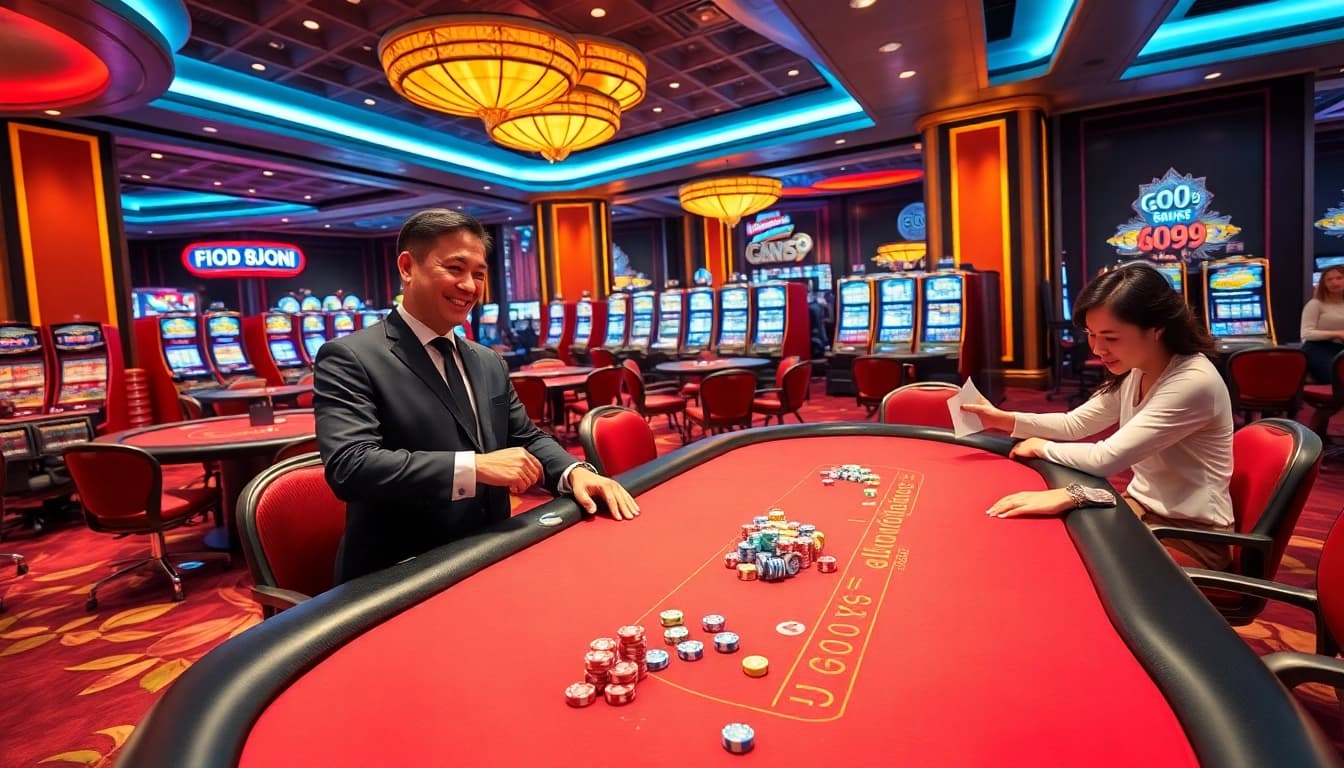 Experience the excitement at Go99's vibrant gaming tables with poker chips and slot machines.