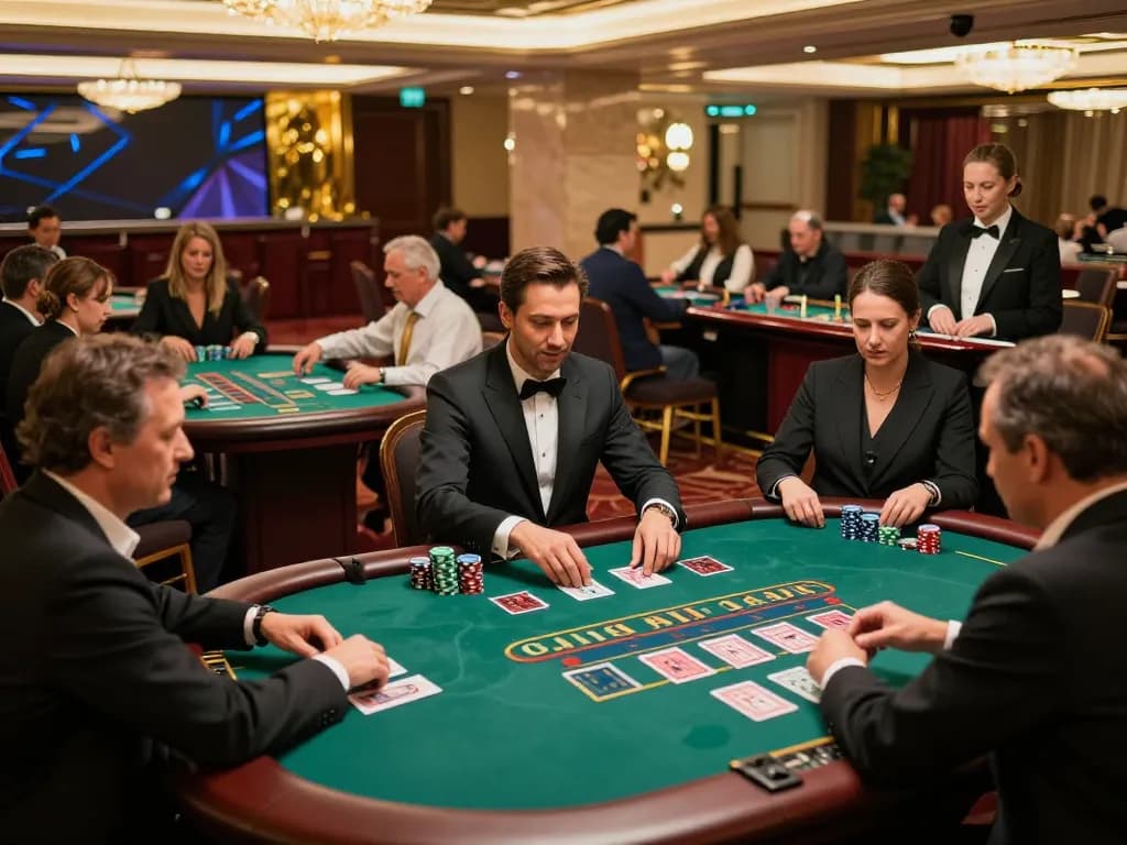 Engaging players at blackjack tables in a luxurious casino, showcasing a Reinraum Staubbindematte waschbar for cleanliness and hygiene