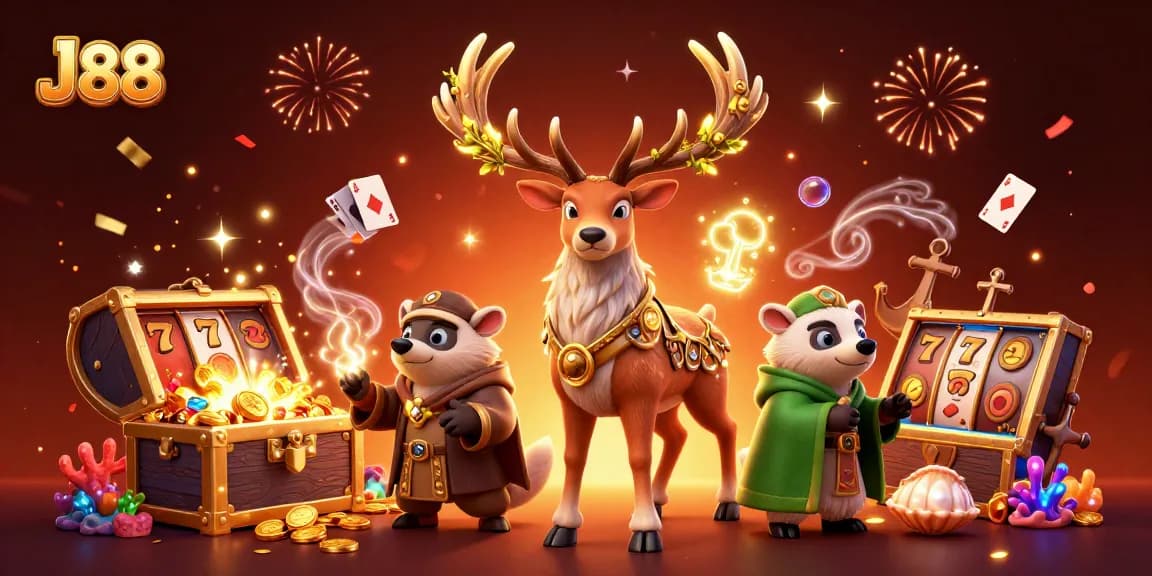 Engage with J88's vibrant casino scene featuring mystical characters and treasures.