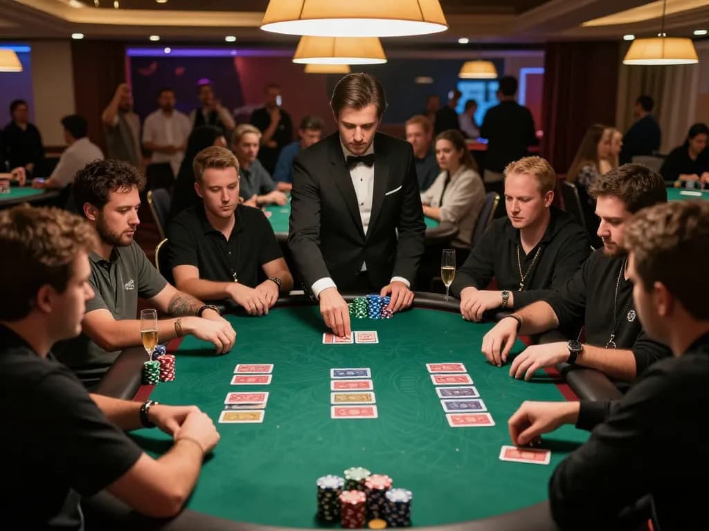 Witness TR88 poker action with players strategizing around a vibrant felt table in a bustling casino.